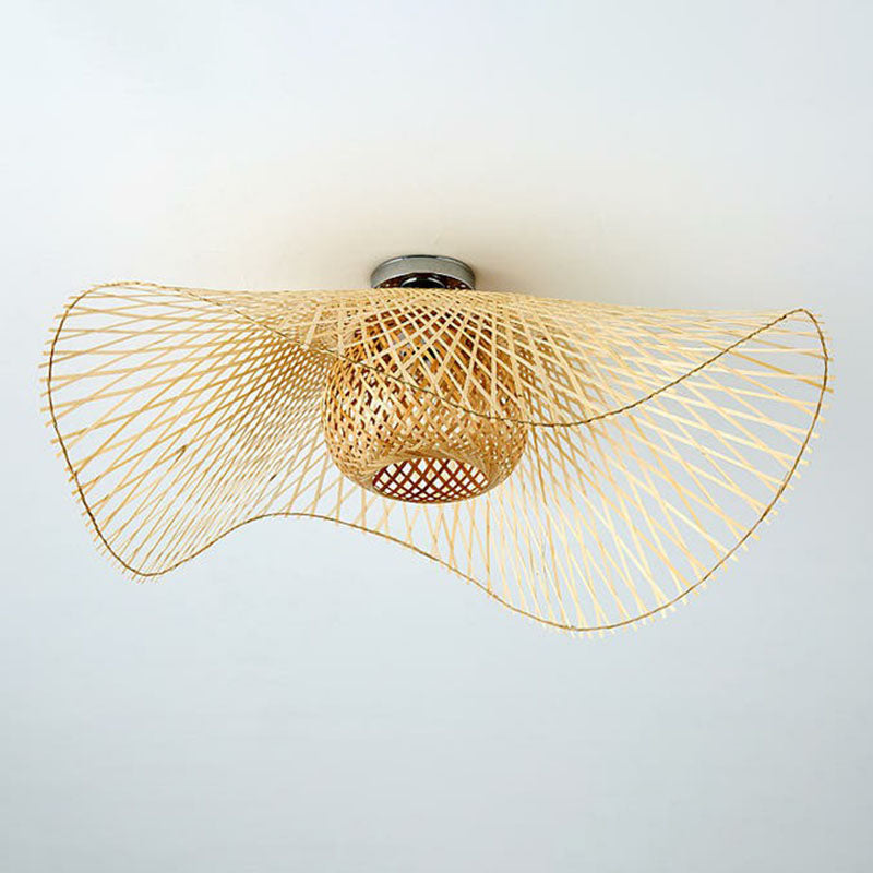 Bamboo Single Wood Flushmount Ceiling Light - South - East Asian Straw Hat Design For Restaurants