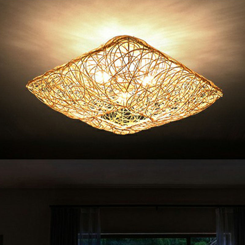 Japanese Rattan Square Flush Ceiling Light With 3 Heads Wood Bedroom Mount Lighting / 16
