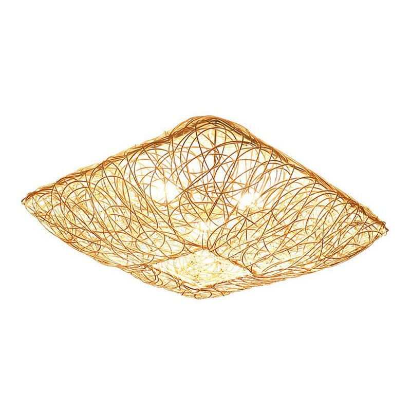 Japanese Rattan Square Flush Ceiling Light With 3 Heads Wood Bedroom Mount Lighting