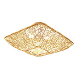 Japanese Rattan Square Flush Ceiling Light With 3 Heads Wood Bedroom Mount Lighting