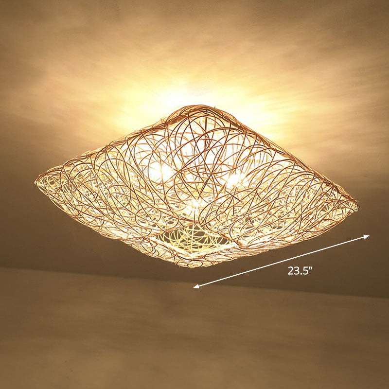 Japanese Rattan Square Flush Ceiling Light With 3 Heads Wood Bedroom Mount Lighting / 23.5