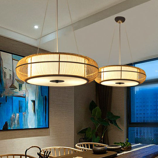 Bamboo Tea Room Chandelier - Curved Drum Suspension Light With South-East Asian Influence Wood / 18