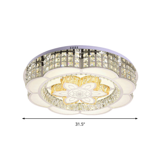 23.5/31.5 Wide Crystal Flush Light Led Ceiling Fixture - Simple Flower Design In Chrome Ideal For