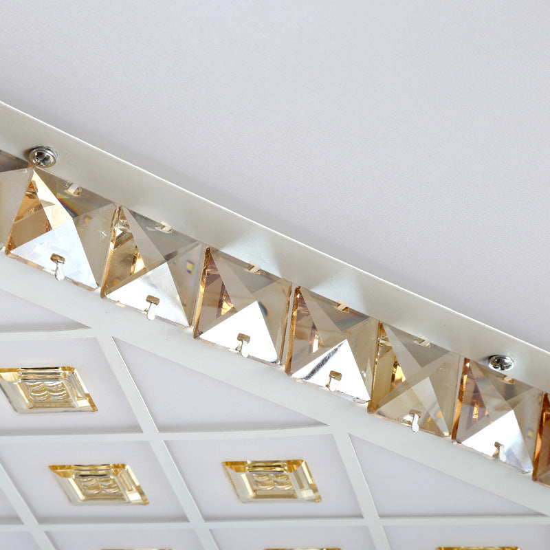 Modern Square/Rectangle Flush Crystal Led Ceiling Light In White For Living Room