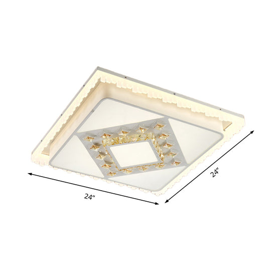 Modern Square/Rectangle Flush Crystal Led Ceiling Light In White For Living Room