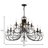 Traditional Iron Candle Chandelier Pendant - 6/8/12 Light Black Hanging With Crystal Drops