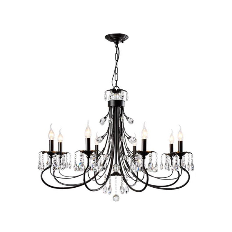 Traditional Iron Tiered Candle Chandelier Pendant With Crystal Drops - 6/8/12 Lights Black Hanging