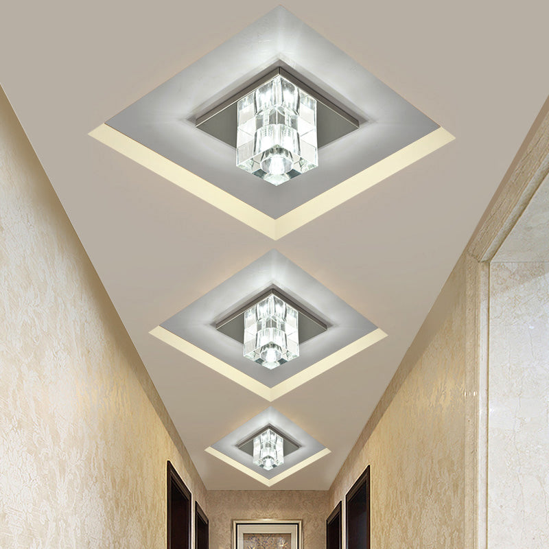 Modern Crystal Block Mini Flush Ceiling Light With Clear Led - Ideal For Corridor