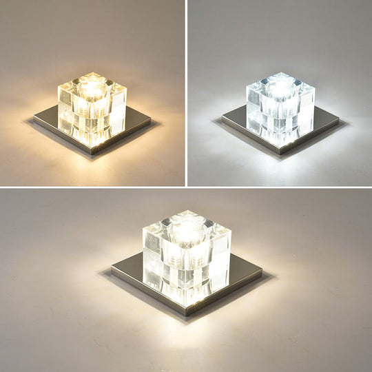 Modern Crystal Block Mini Flush Ceiling Light With Clear Led - Ideal For Corridor / 5’ Third Gear