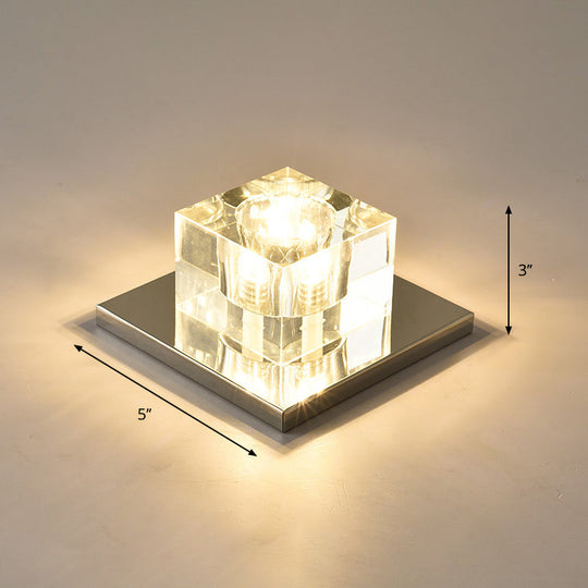 Modern Crystal Block Mini Flush Ceiling Light With Clear Led - Ideal For Corridor / 5 Warm