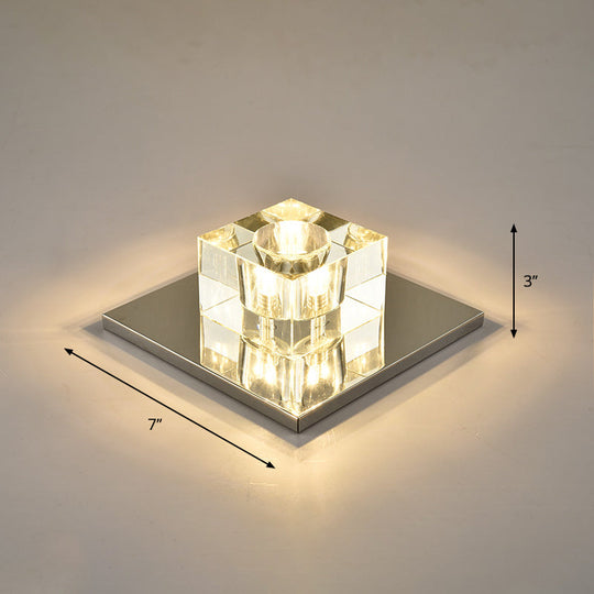 Modern Crystal Block Mini Flush Ceiling Light With Clear Led - Ideal For Corridor / 7’ Warm