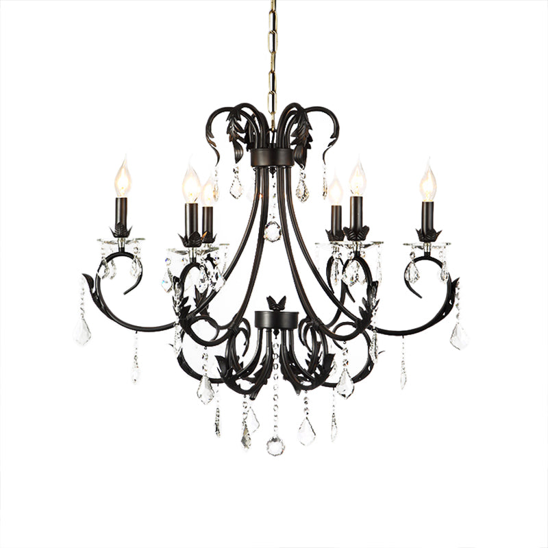 Black Candle Chandelier With Crystal Drops - Traditional Ceiling Pendant Lamp (6/8 Lights)