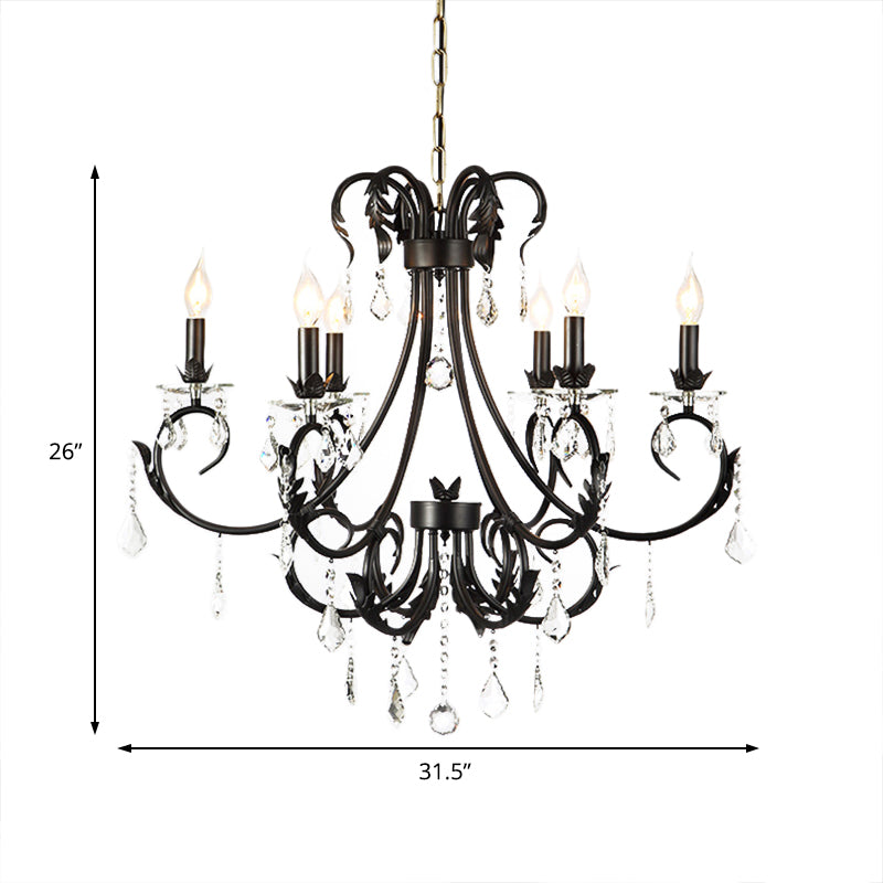 Black Candle Chandelier With Crystal Drops - Traditional Ceiling Pendant Lamp (6/8 Lights)