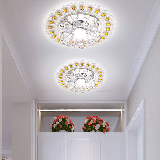 Crystal Flower Flush Ceiling Light With Led - Modern Style Clear / White