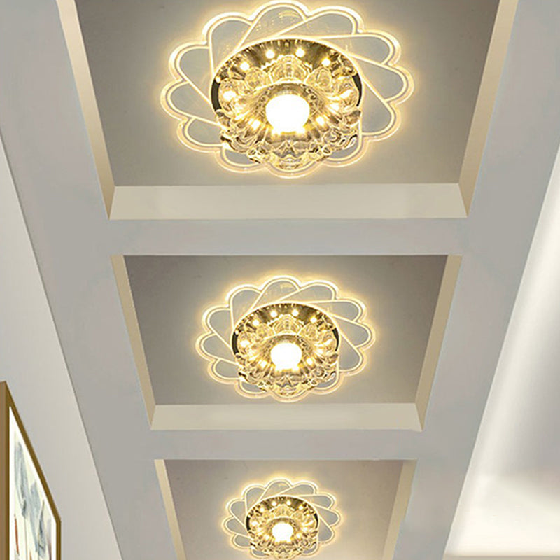 Modern Crystal Led Flush Ceiling Light For Hallway - Clear Floral Mount Fixture
