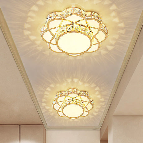 Crystal-Encrusted Gold Flush Mount Ceiling Light With Contemporary Floral Design And Led Technology