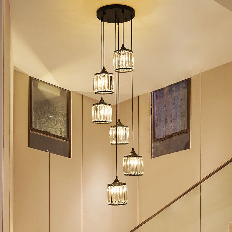 Modern Drum Multi-Light Pendant With Tri-Prism Crystal Staircase Hanging Lighting In Black
