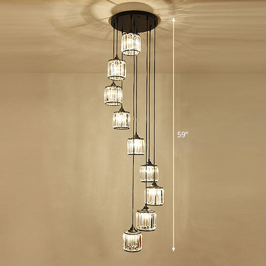 Modern Drum Multi-Light Pendant With Tri-Prism Crystal Staircase Hanging Lighting In Black