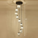 Modern Drum Pendant Crystal Staircase Lighting In Black - Multi Light & Tri-Prism Design