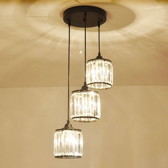 Modern Drum Multi-Light Pendant With Tri-Prism Crystal Staircase Hanging Lighting In Black