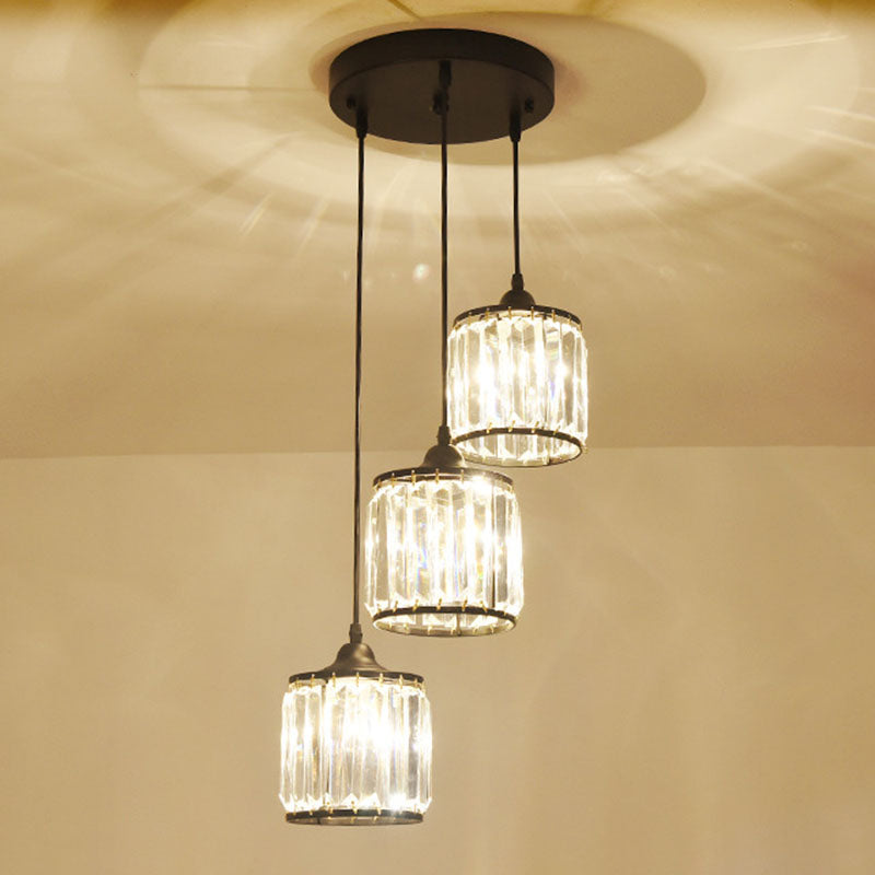 Modern Drum Pendant Crystal Staircase Lighting In Black - Multi Light & Tri-Prism Design