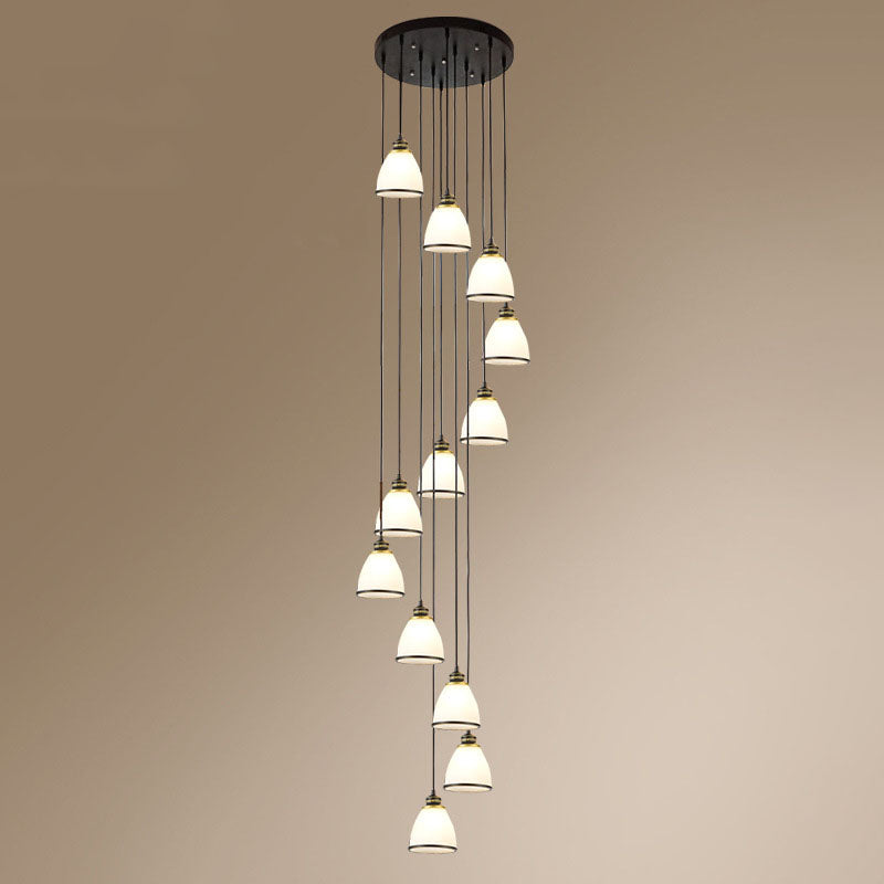 Simplicity Multi-Light Pendant | Cream Glass Spiral Bell Shade Staircase Hanging Light 12 / Black