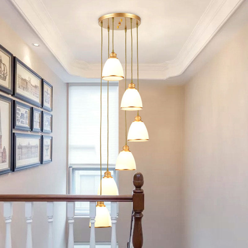 Simplicity Cream Glass Staircase Hanging Light With Spiral Bell Shade - Multi Pendant