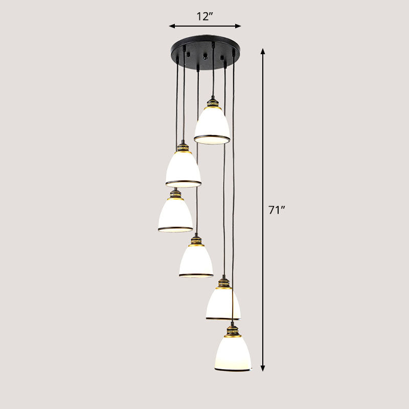 Simplicity Cream Glass Staircase Hanging Light With Spiral Bell Shade - Multi Pendant