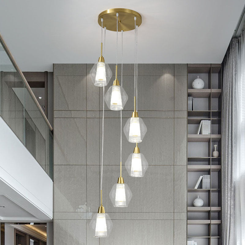 Gold Nordic Suspended Ceiling Light With Clear Handblown Glass Shade For Staircase