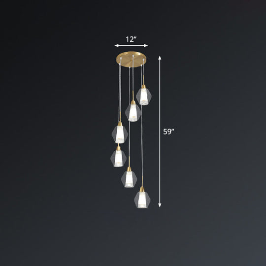 Nordic Style Gold Suspension Multi Ceiling Light With Clear Handblown Glass Shades For Staircase