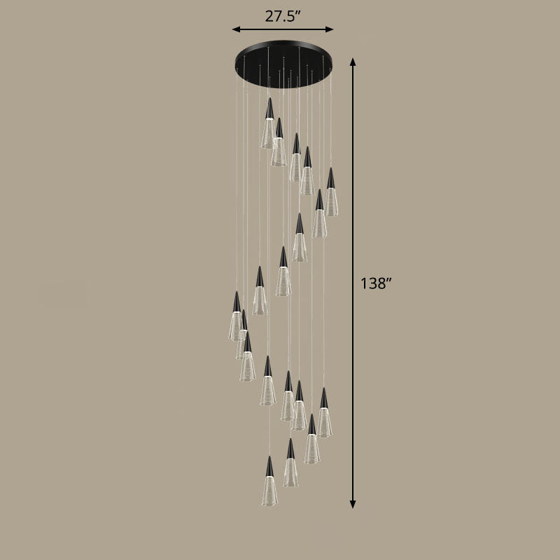 Spiral Conical Pendant Light For Modern Stairwells - Multi-Light Acrylic Hanging Fixture 19 / Black