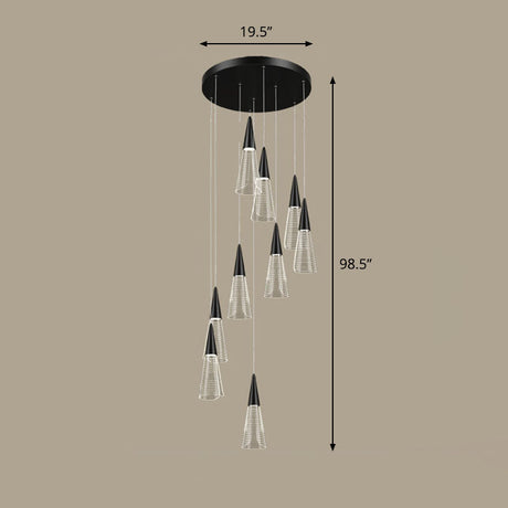 Spiral Conical Pendant Light For Modern Stairwells - Multi-Light Acrylic Hanging Fixture 9 / Black
