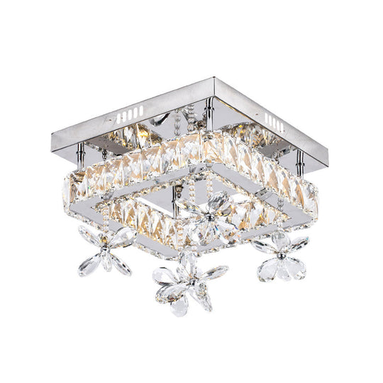 Cubic Crystal Led Bedroom Ceiling Light Fixture - 8’/12’ Width Semi Flush Mount Chrome Finish