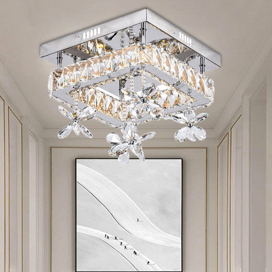 Cubic Crystal Led Bedroom Ceiling Light Fixture - 8’/12’ Width Semi Flush Mount Chrome Finish
