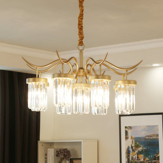 Modern Crystal Cylindrical Chandelier Light With Brass Finish - 7/9-Head Hanging Ceiling