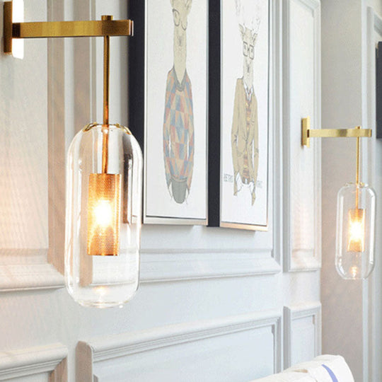 Sleek Glass Capsule Sconce - Minimalist 1-Light Wall Mount With Wire Mesh Guard