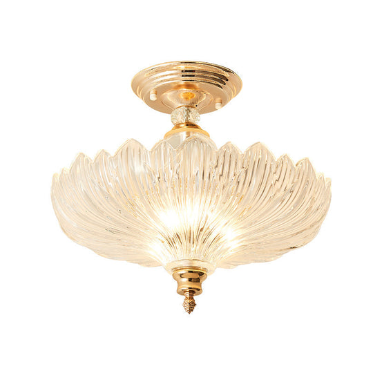 Modern Ribbed Glass Semi Flush Mount Light In Black/Gold - 12’/16’ Diameter 1 Crystal Ceiling Lamp
