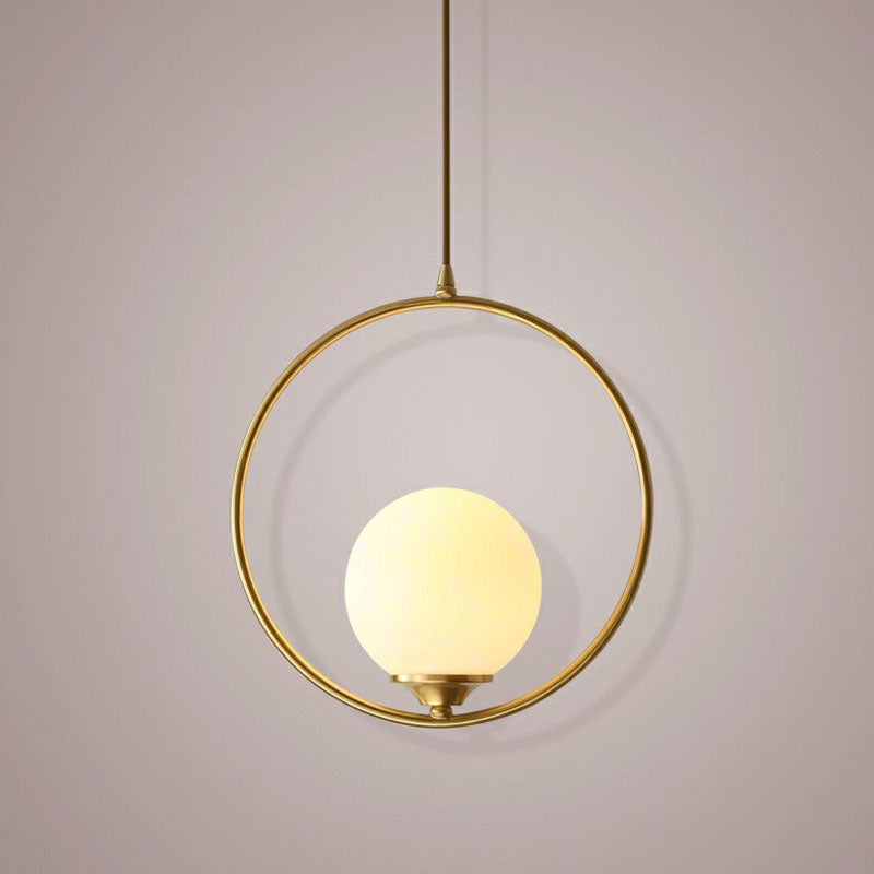 Minimalist Antique Gold Ceiling Lamp With Cream Glass Shade And Ring Decoration