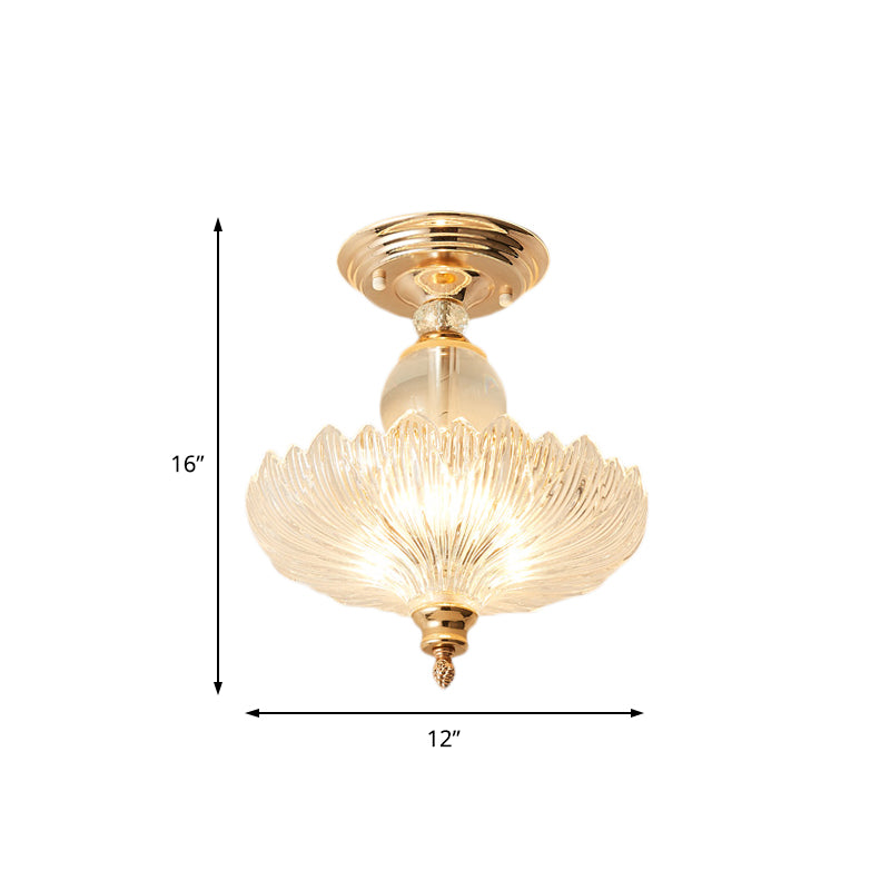 Modern Ribbed Glass Semi Flush Mount Light In Black/Gold - 12’/16’ Diameter 1 Crystal Ceiling Lamp
