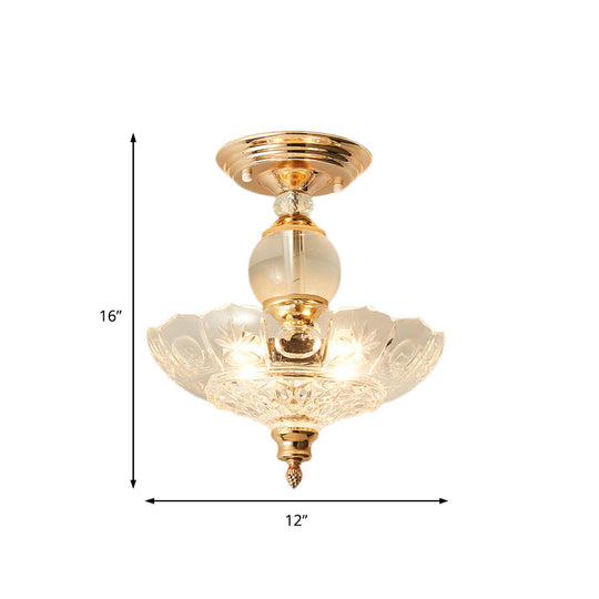 Modern Ribbed Glass Semi Flush Mount Light In Black/Gold - 12’/16’ Diameter 1 Crystal Ceiling Lamp