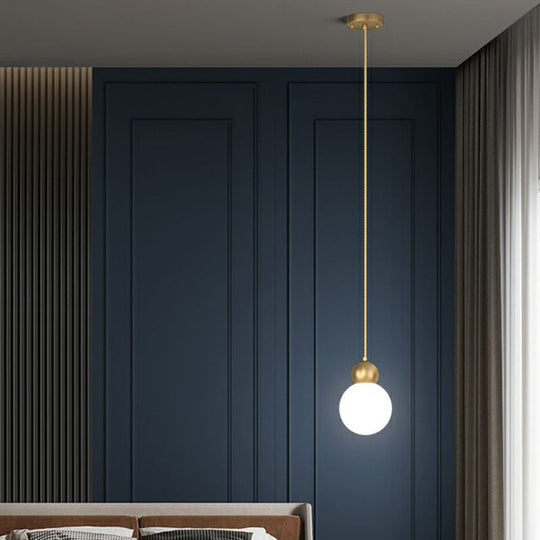 Simplicity Gold Finish Ball Pendant Light Fixture 1-Light Milk Glass Suspension For Bedroom