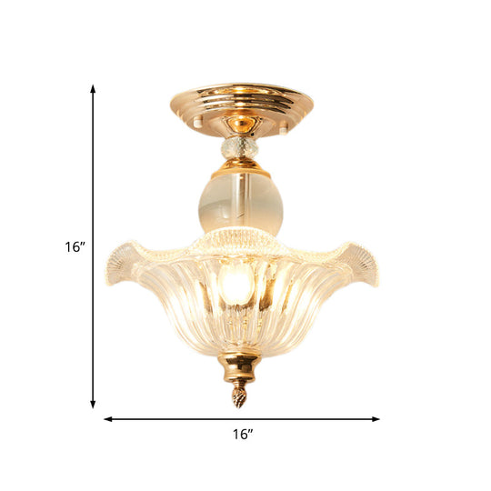 Modern Ribbed Glass Semi Flush Mount Light In Black/Gold - 12’/16’ Diameter 1 Crystal Ceiling Lamp