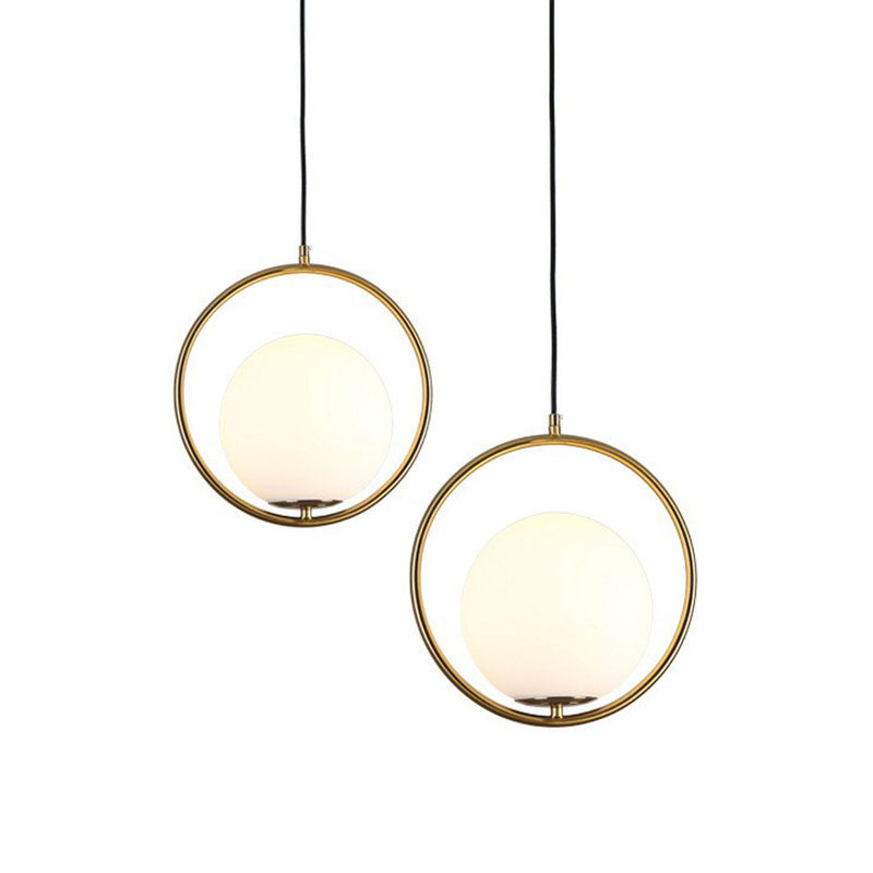 Postmodern Globe Hanging Lamp Kit - White Glass 1-Head Gold Pendant Light For Restaurants