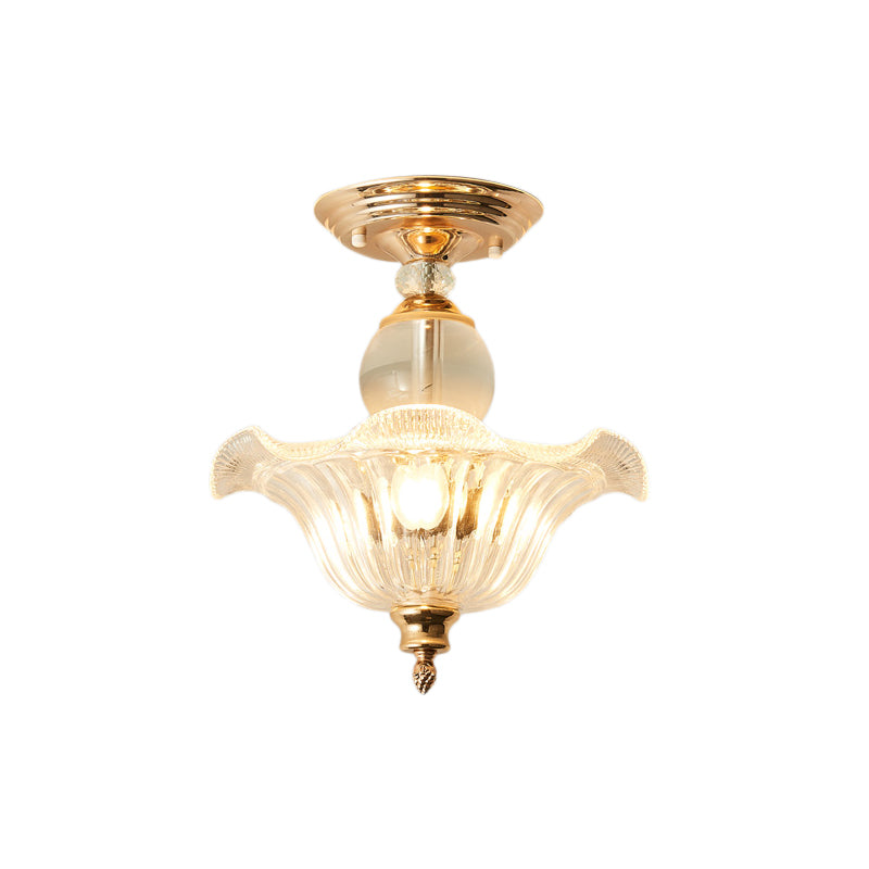 Modern Ribbed Glass Semi Flush Mount Light In Black/Gold - 12’/16’ Diameter 1 Crystal Ceiling Lamp