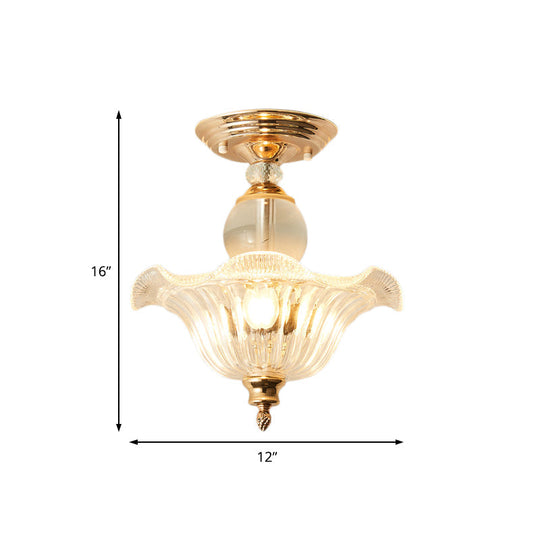 Modern Ribbed Glass Semi Flush Mount Light In Black/Gold - 12’/16’ Diameter 1 Crystal Ceiling Lamp