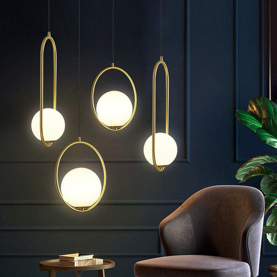 White Glass Pendant Light With Metal Ring - Simple Ball Ceiling Lamp