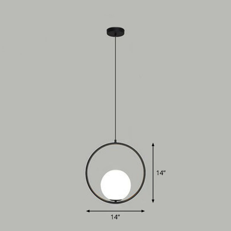 White Glass Pendant Light With Metal Ring - Simple Ball Ceiling Lamp Black / 14’