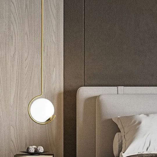 Simple Ball Pendant Light Cream Glass Bedside Suspension Lighting In Gold