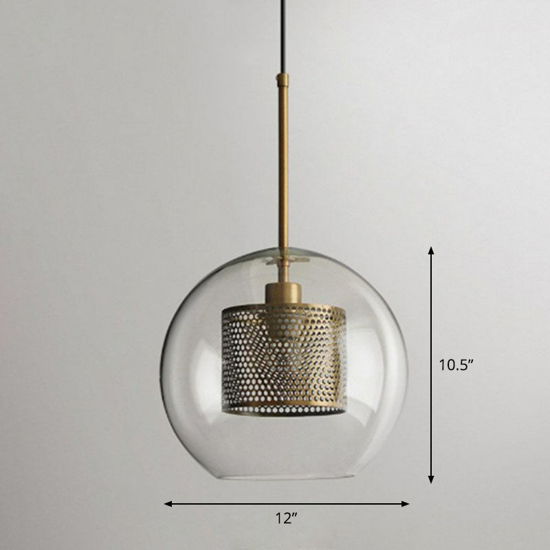 Modern Clear Glass Sphere Pendant Light With Mesh Screen - 1 Bulb Suspension Lamp