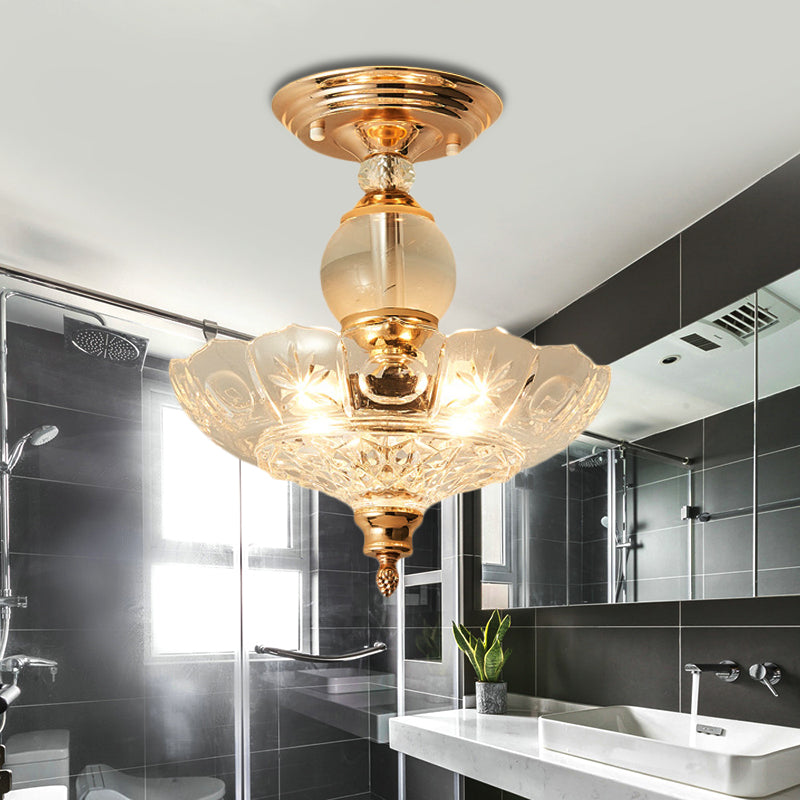Modern Ribbed Glass Semi Flush Mount Light In Black/Gold - 12’/16’ Diameter 1 Crystal Ceiling Lamp